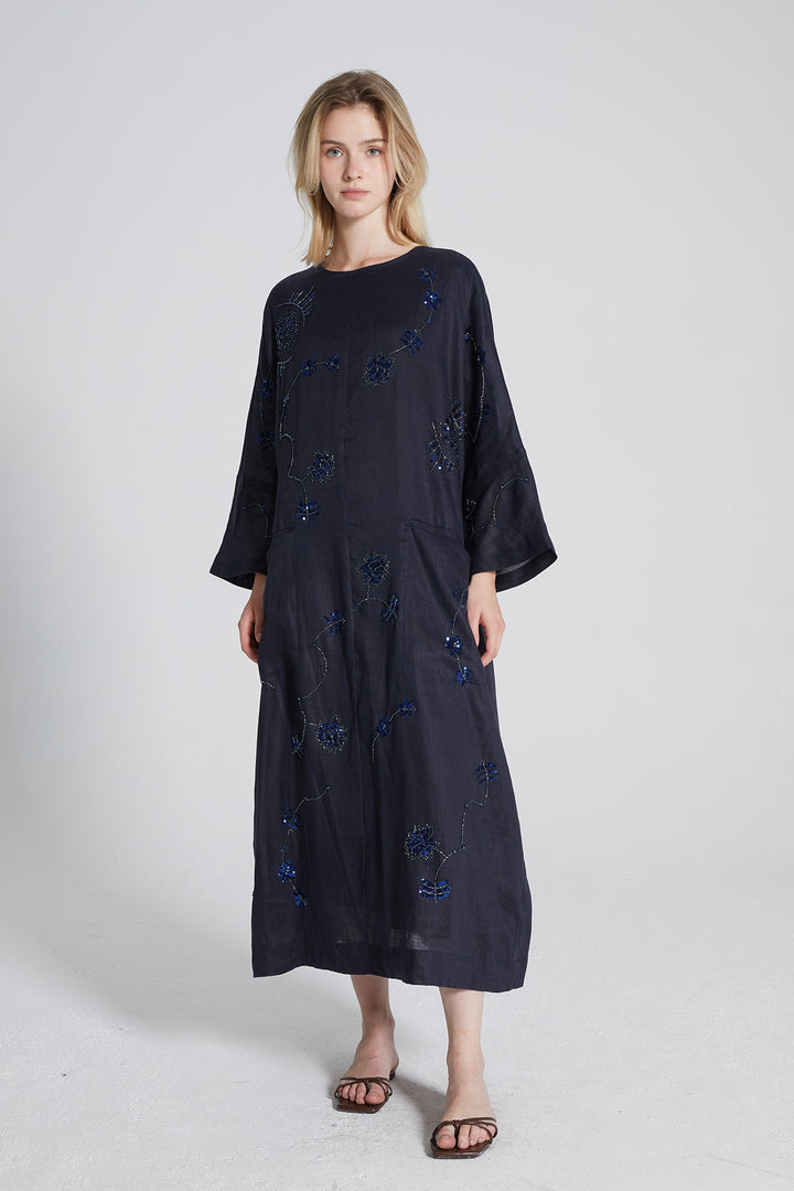 Elena Beaded Floral Linen Blend Dress