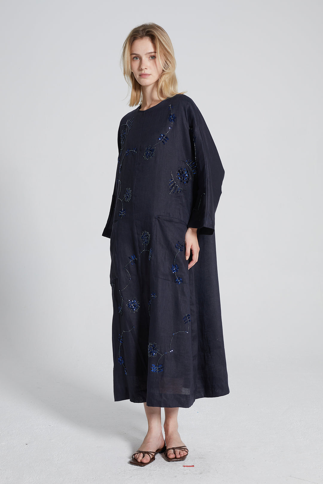 Elena Beaded Floral Linen Blend Dress