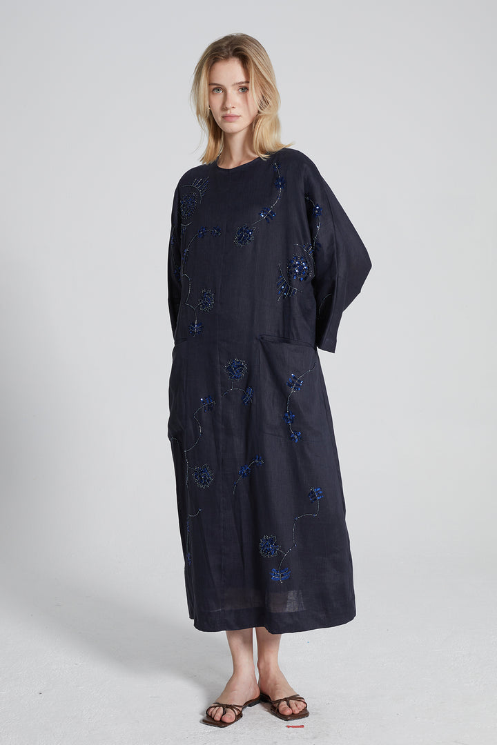 Elena Beaded Floral Linen Blend Dress