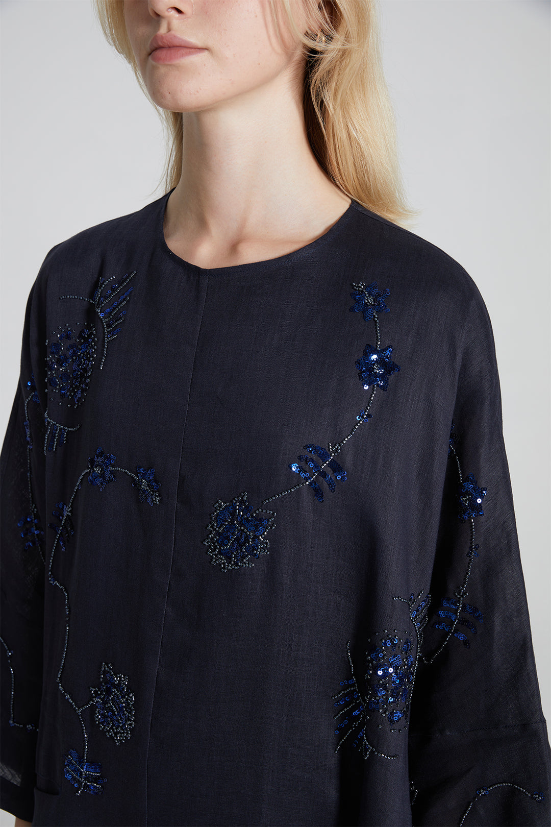 Elena Beaded Floral Linen Blend Dress