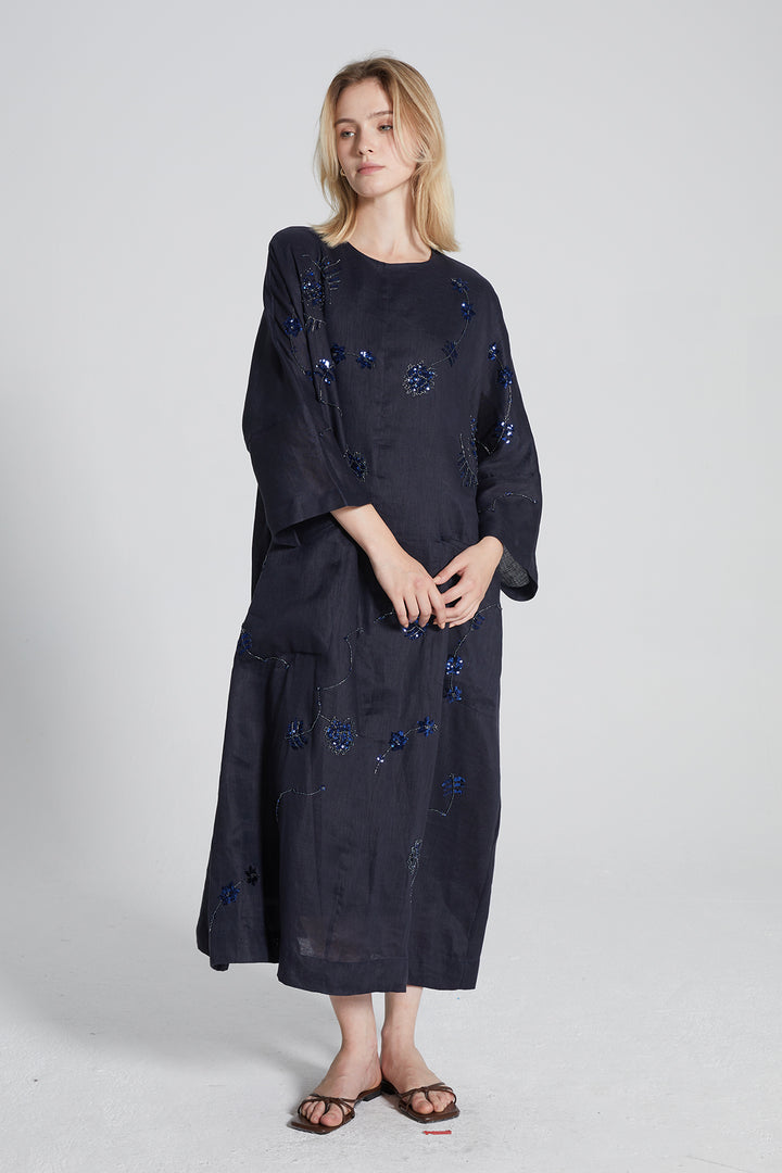 Elena Beaded Floral Linen Blend Dress