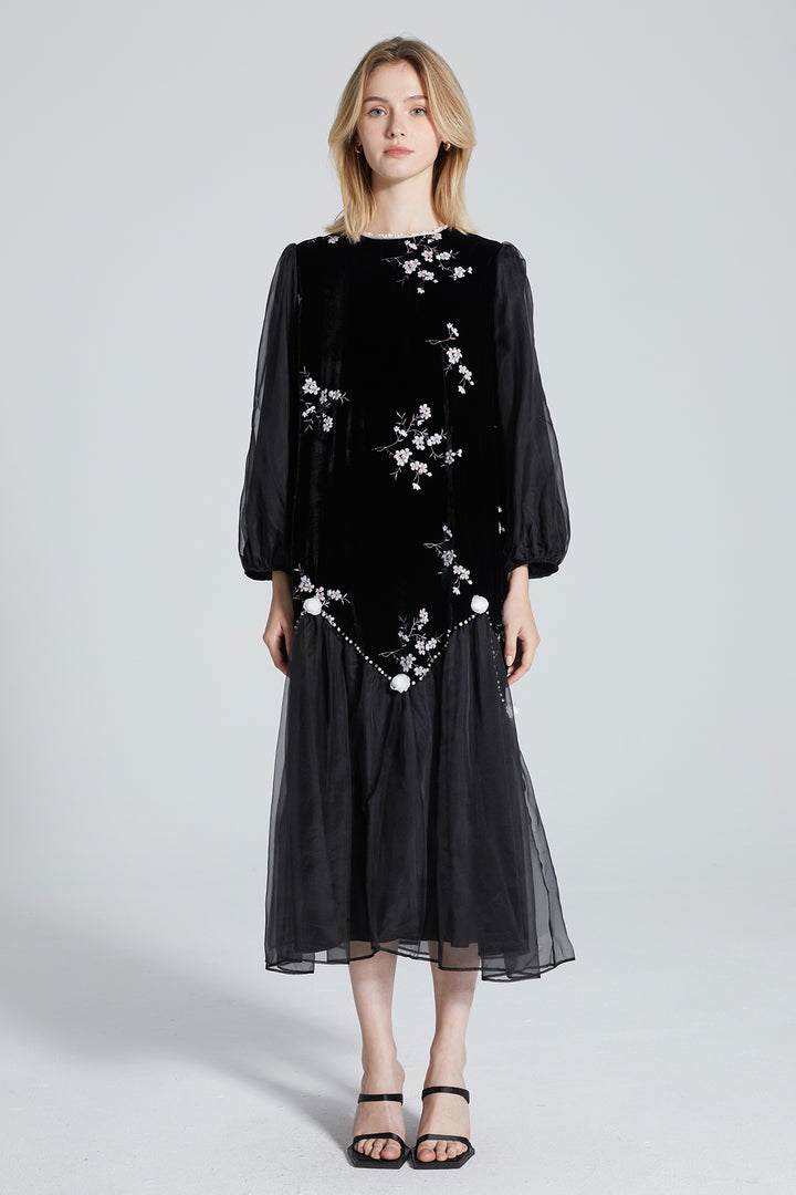 Nadia Embroidery Mesh Splice Velvet Dress