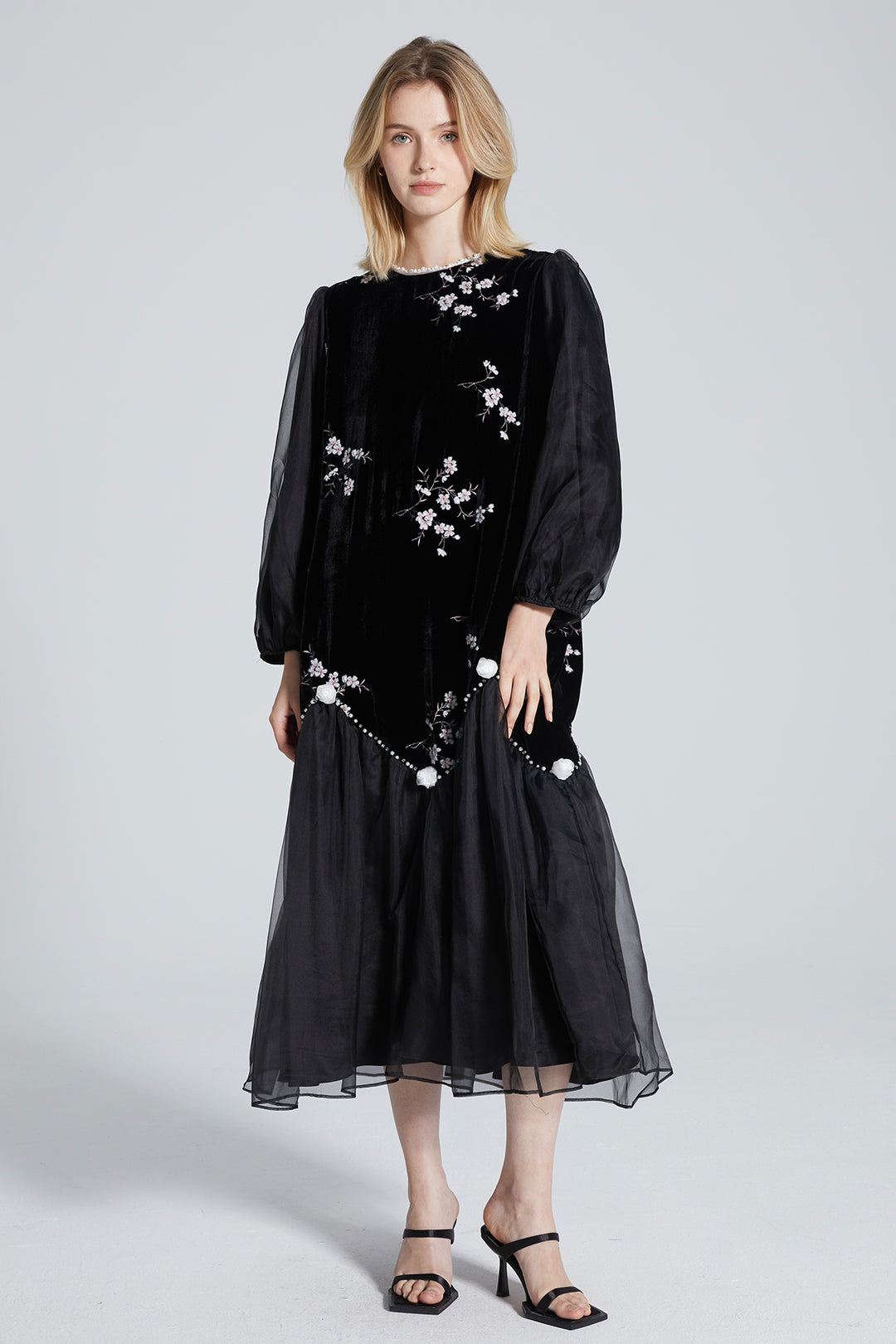 Nadia Embroidery Mesh Splice Velvet Dress