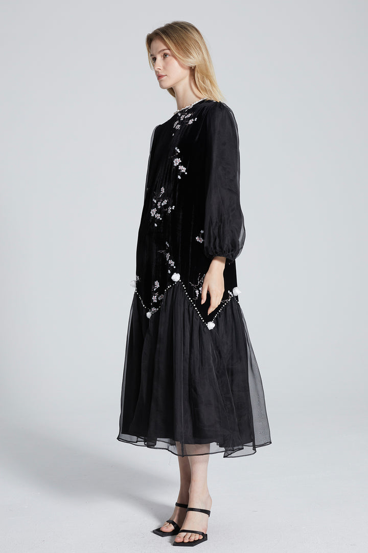 Nadia Embroidery Mesh Splice Velvet Dress