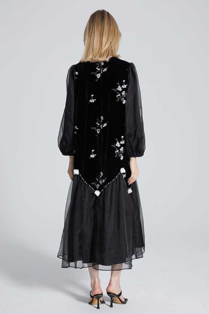 Nadia Embroidery Mesh Splice Velvet Dress