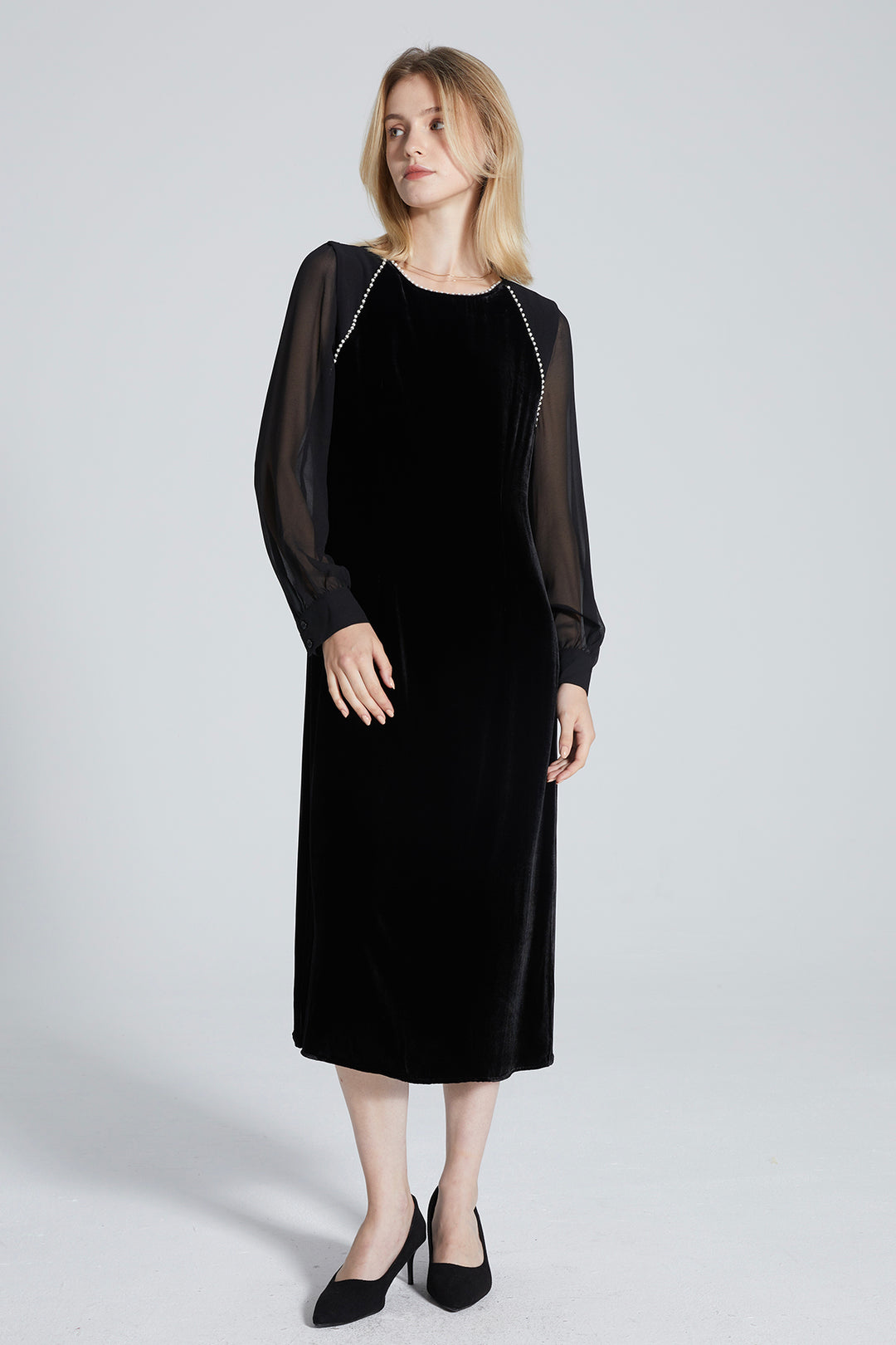 Nadia Pearl Mesh Sleeve Velvet Dress