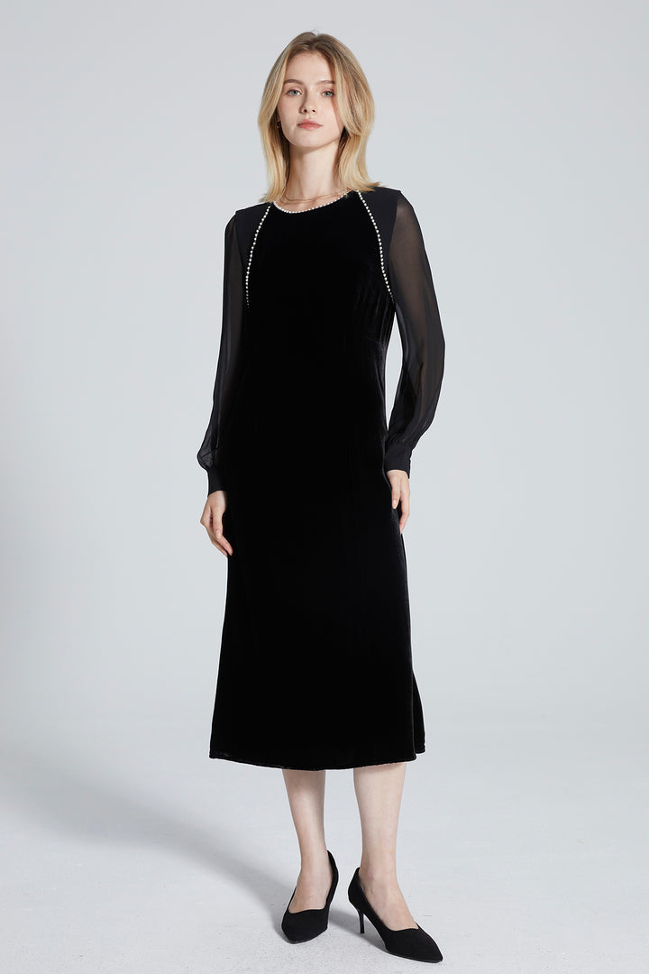 Nadia Pearl Mesh Sleeve Velvet Dress