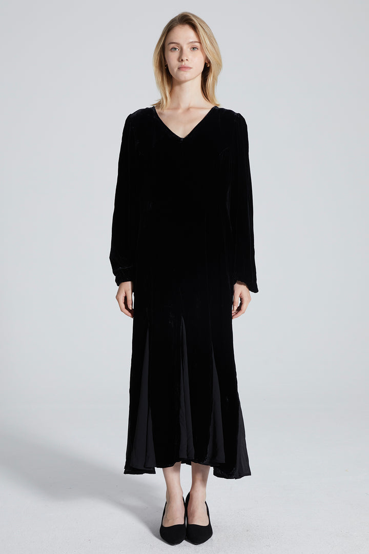 Donnay V-Neck Long Sleeve Velvet Dress