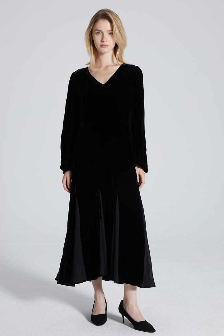 Donnay V-Neck Long Sleeve Velvet Dress