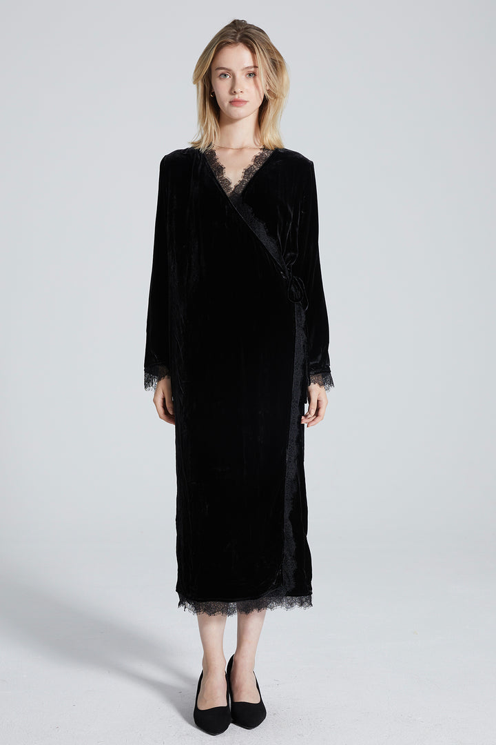 Brena Cozy Elegant Lace Velvet Wrap Dress