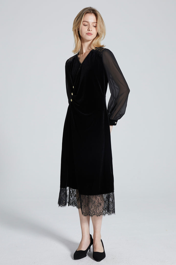 Tara Lace Splice V-Neck Velvet Dress