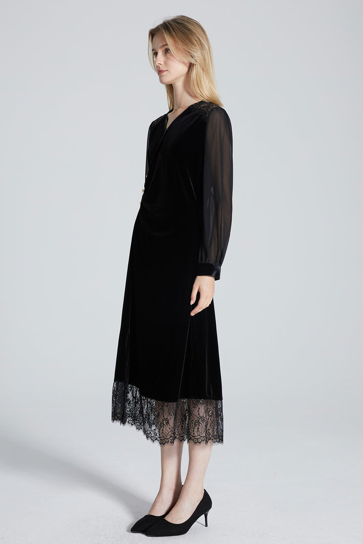 Tara Lace Splice V-Neck Velvet Dress