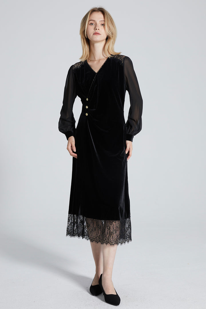 Tara Lace Splice V-Neck Velvet Dress