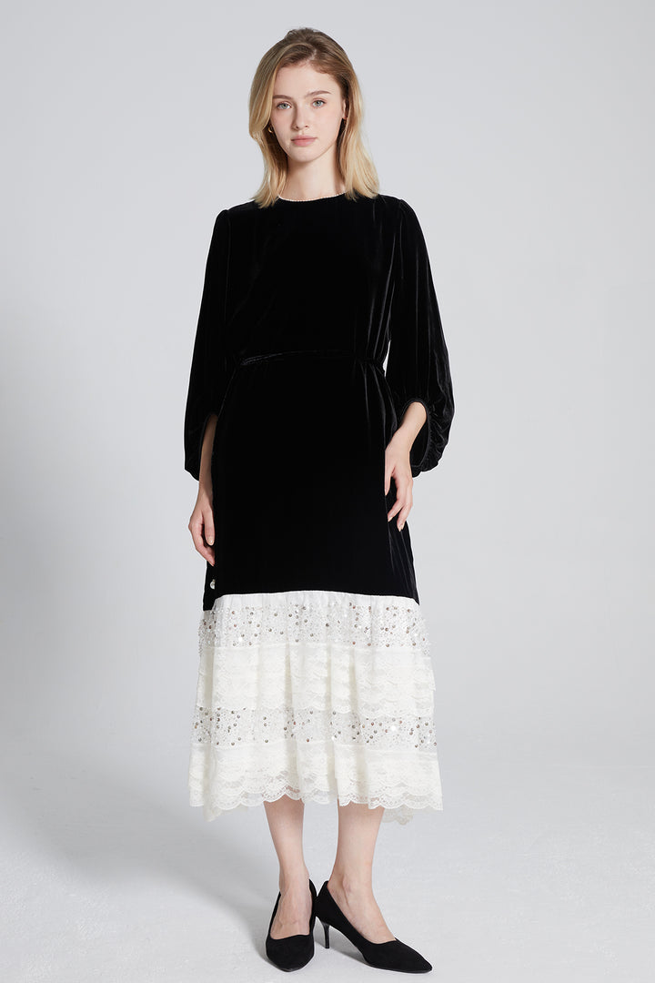 Maisie Lace Sequin Splice Velvet Dress