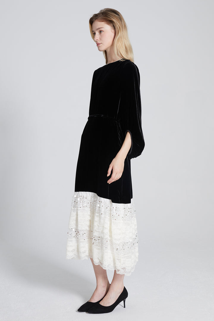 Maisie Lace Sequin Splice Velvet Dress