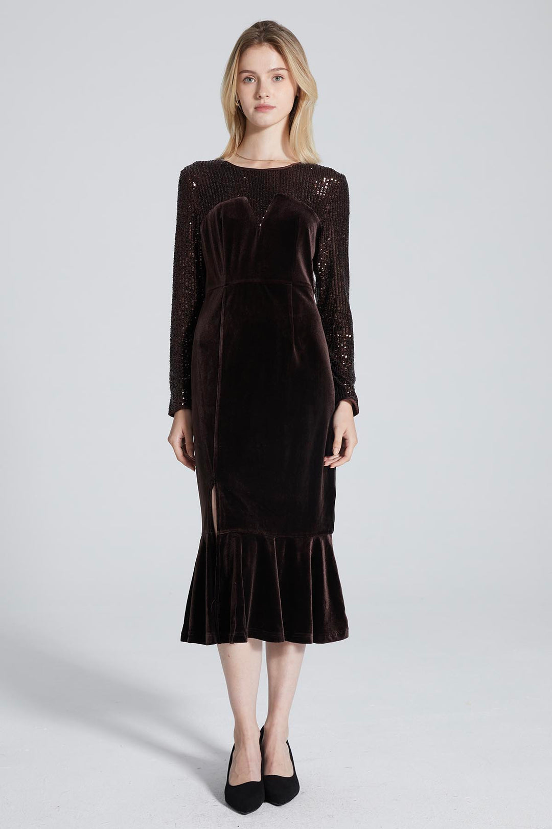 Mara Long Sleeve Sequin Spliced Mermaid Dress