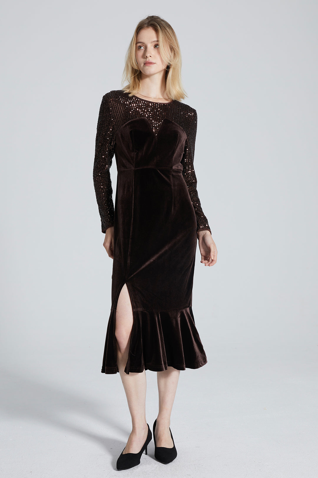 Mara Long Sleeve Sequin Spliced Mermaid Dress