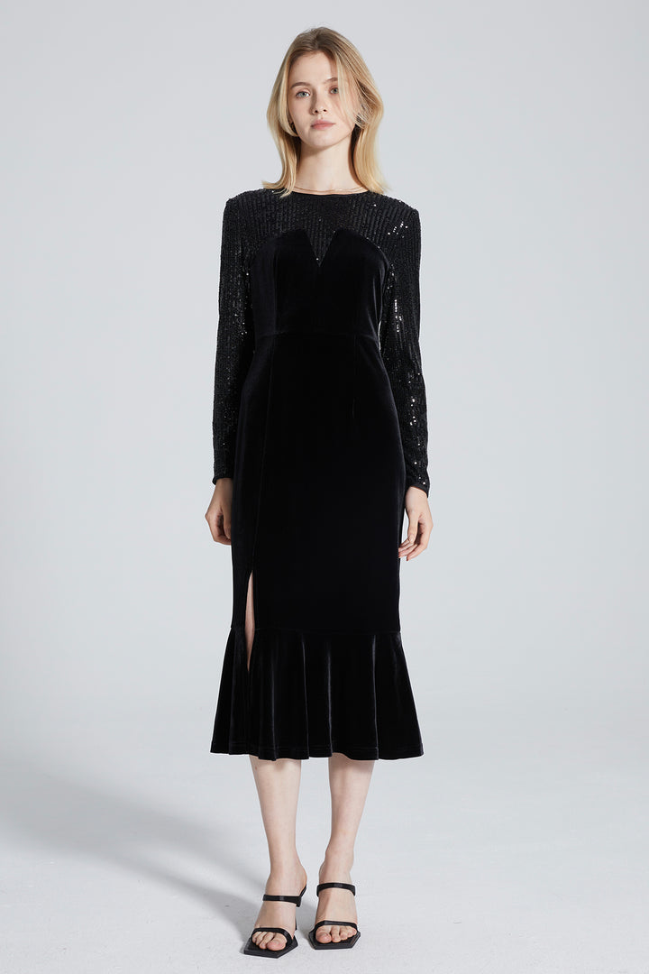 Mara Long Sleeve Sequin Spliced Mermaid Dress