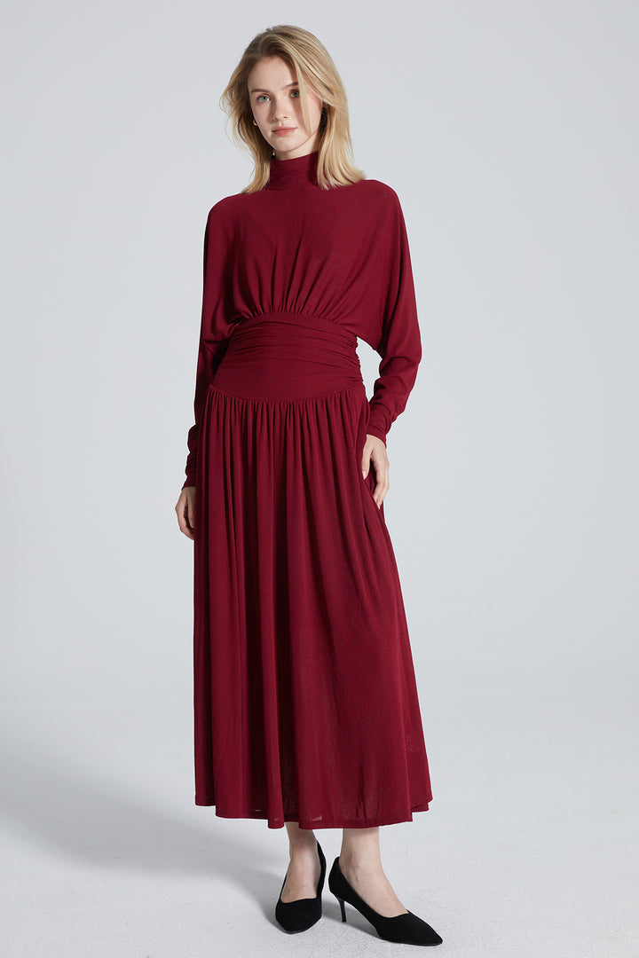 Alex Pleated Solid Long Sleeve Maxi Dress