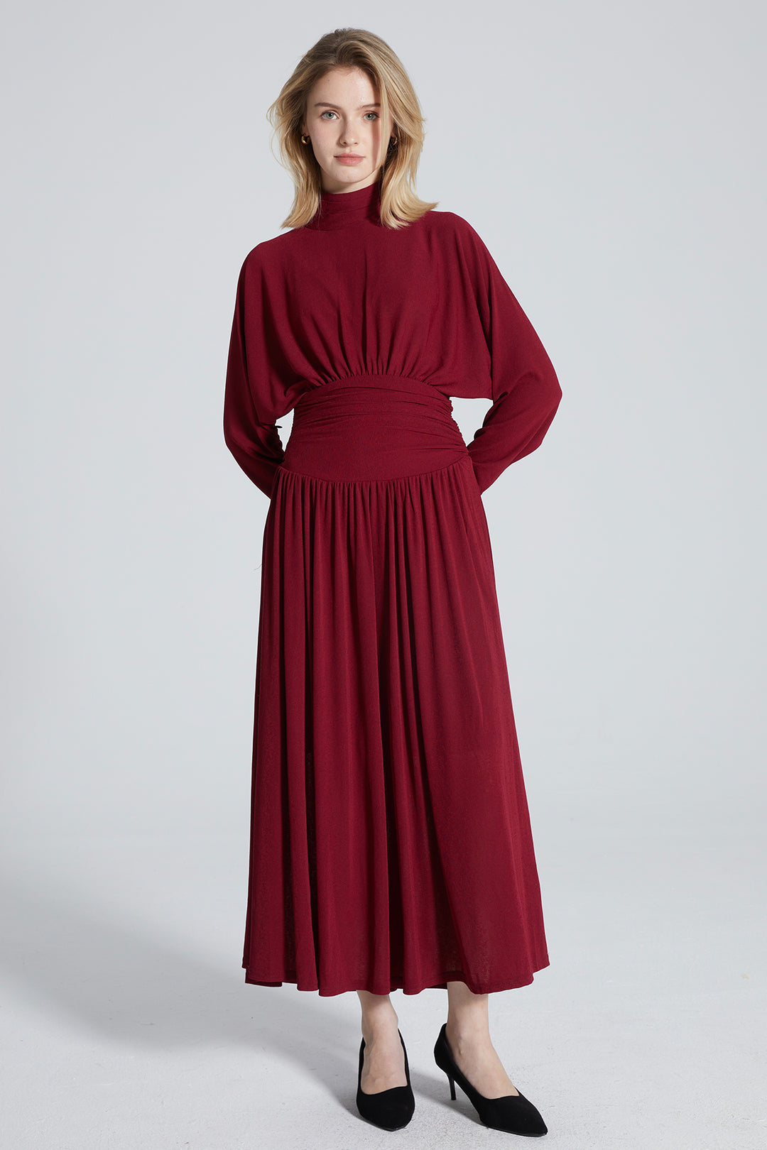 Alex Pleated Solid Long Sleeve Maxi Dress