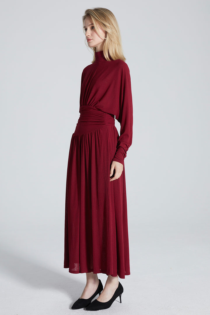 Alex Pleated Solid Long Sleeve Maxi Dress