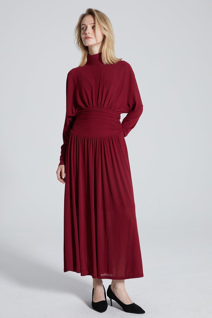 Alex Pleated Solid Long Sleeve Maxi Dress