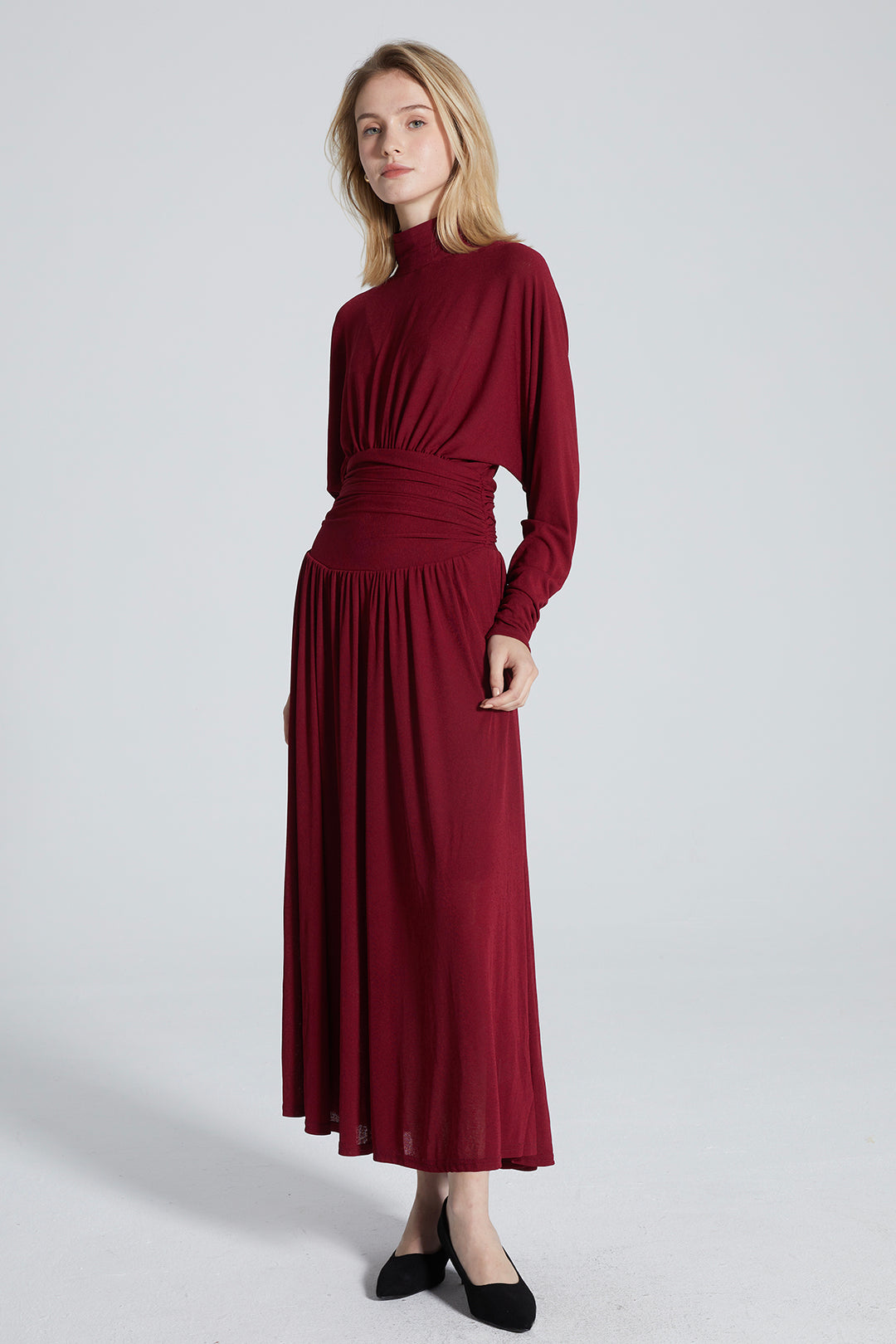 Alex Pleated Solid Long Sleeve Maxi Dress