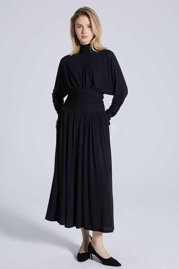 Alex Pleated Solid Long Sleeve Maxi Dress