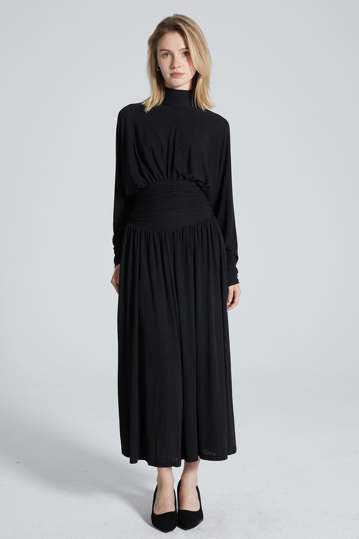 Alex Pleated Solid Long Sleeve Maxi Dress