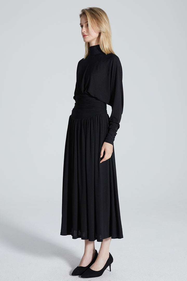 Alex Pleated Solid Long Sleeve Maxi Dress