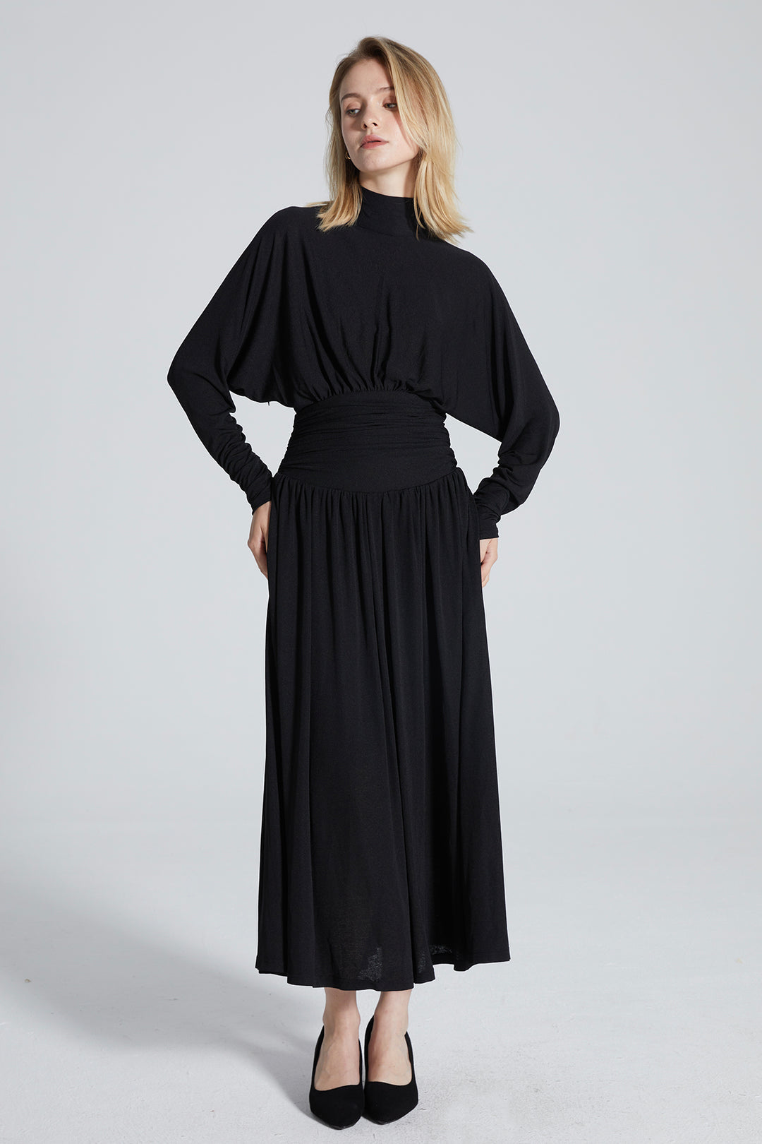 Alex Pleated Solid Long Sleeve Maxi Dress