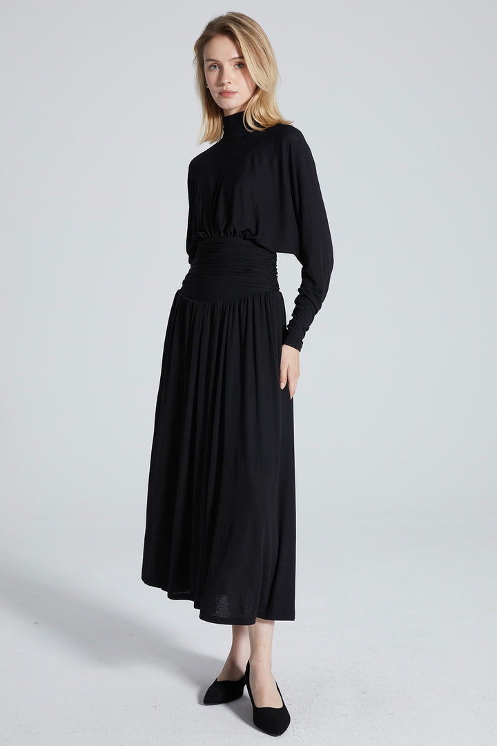 Alex Pleated Solid Long Sleeve Maxi Dress