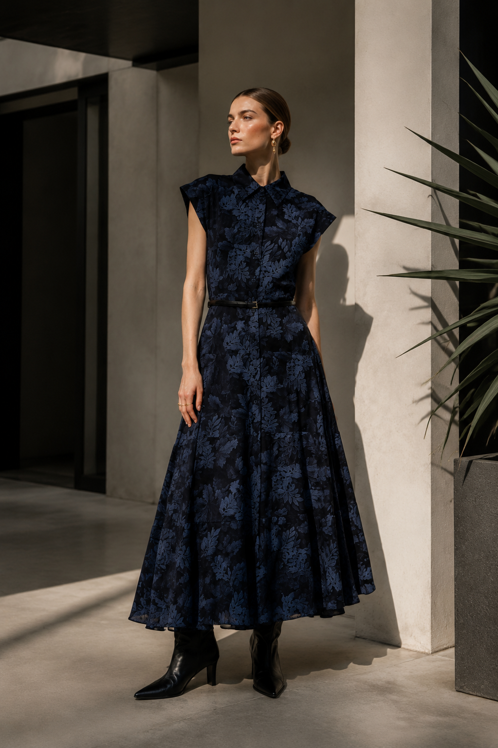Vestido maxi camisa floral com cinto Chiara