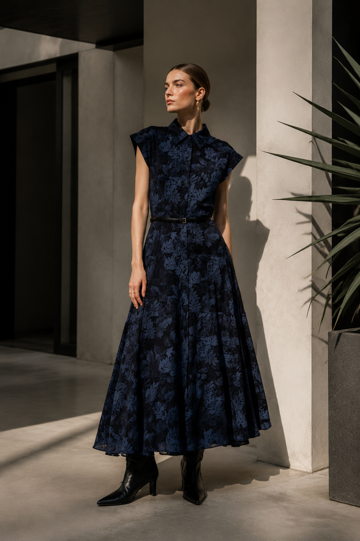 Vestido maxi camisa floral com cinto Chiara