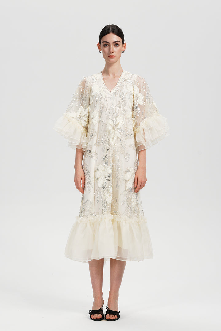 Celeste Cream Embellished Sequin Dress