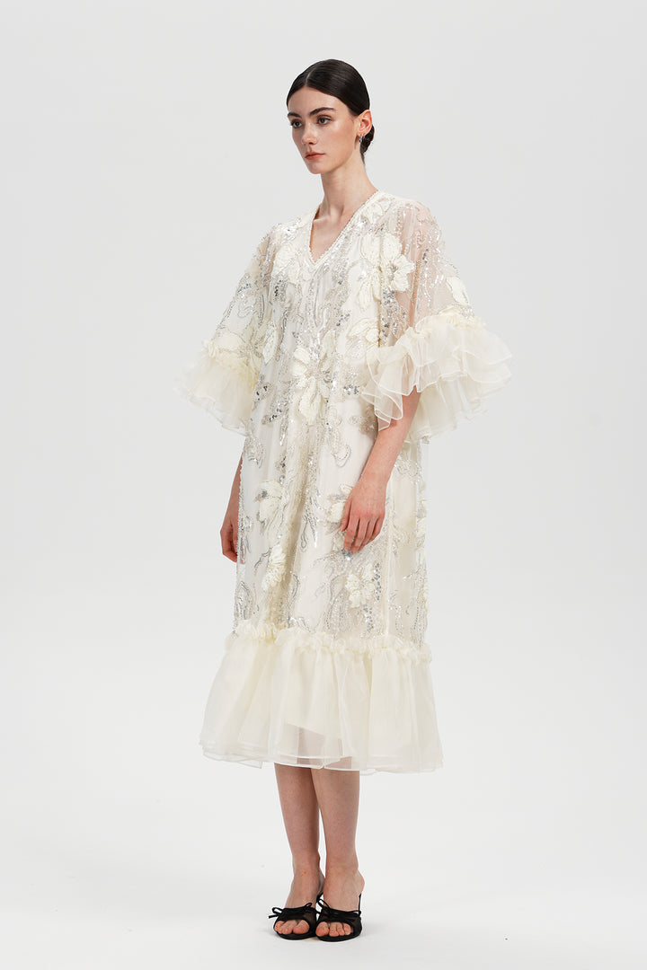 Celeste Cream Embellished Sequin Dress