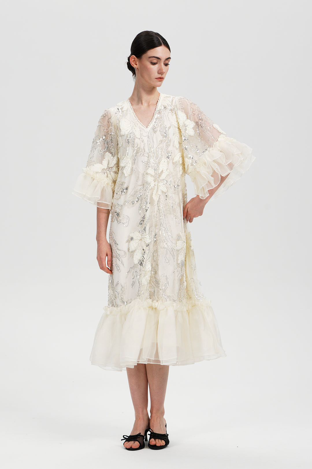 Celeste Cream Embellished Sequin Dress