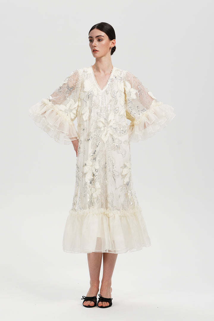 Celeste Cream Embellished Sequin Dress