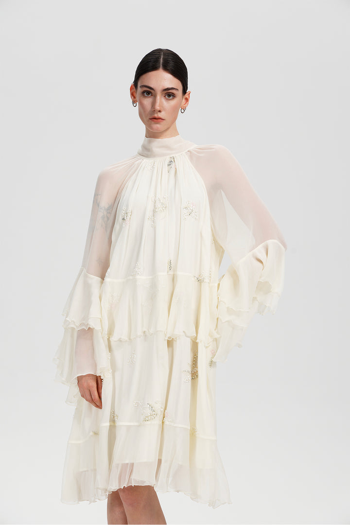 Elysia High-Neck Silk Layered Dress