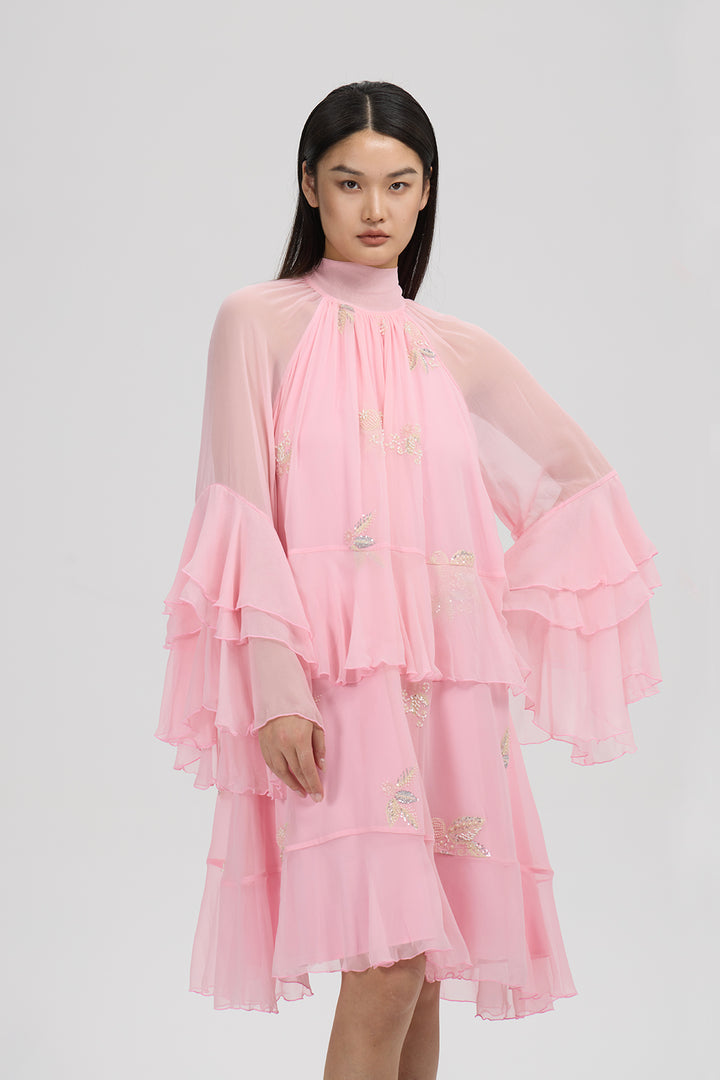 Elysia High-Neck Silk Layered Dress