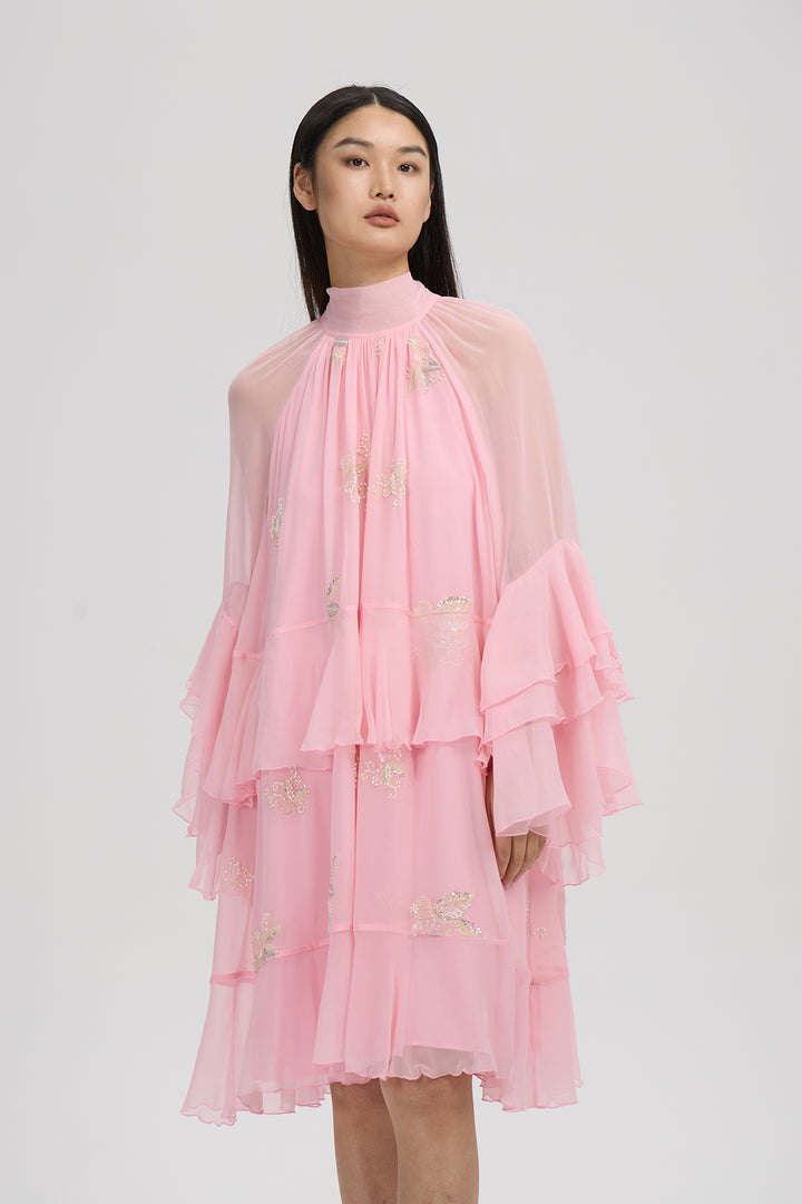 Elysia High-Neck Silk Layered Dress