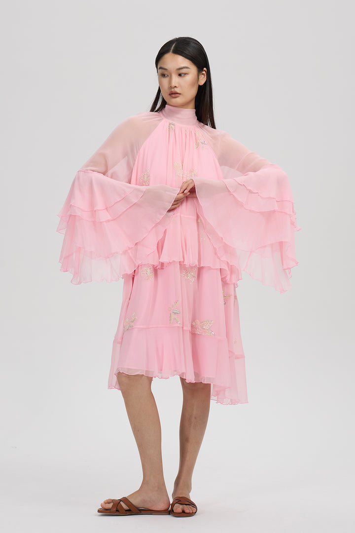 Elysia High-Neck Silk Layered Dress