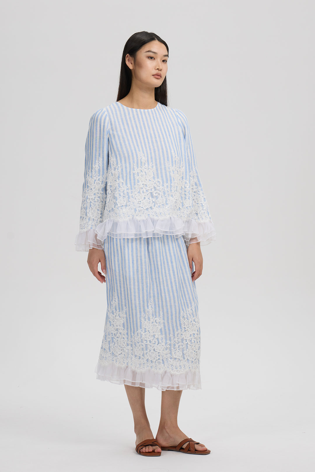 Elodie Lace Trim Striped Set