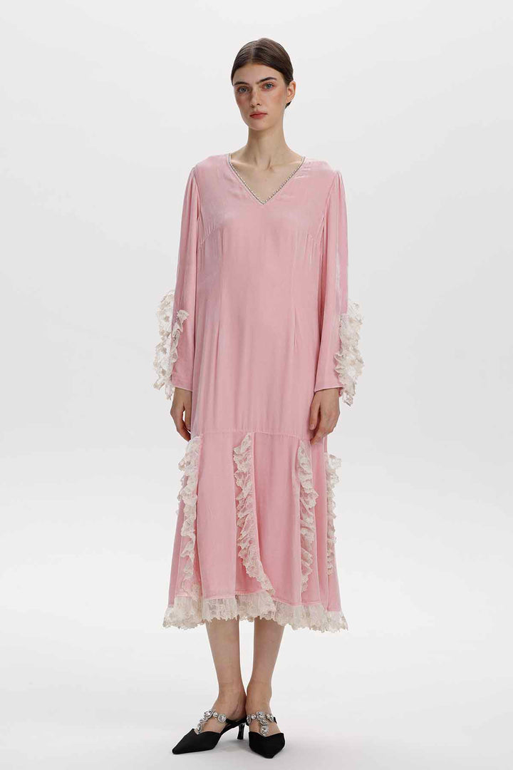 Florine Lace-Trimmed Velvet Dress