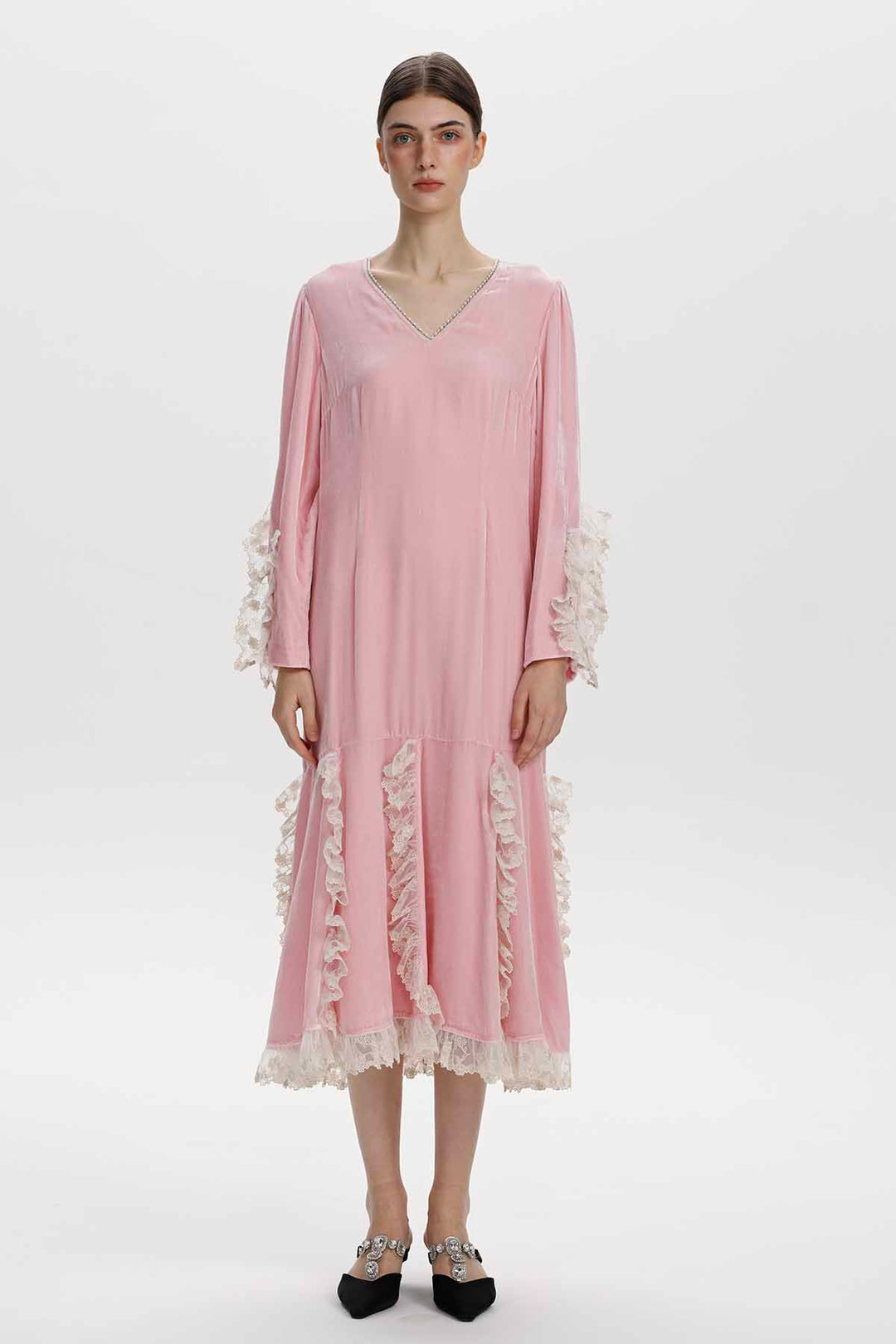 Florine Lace-Trimmed Velvet Dress