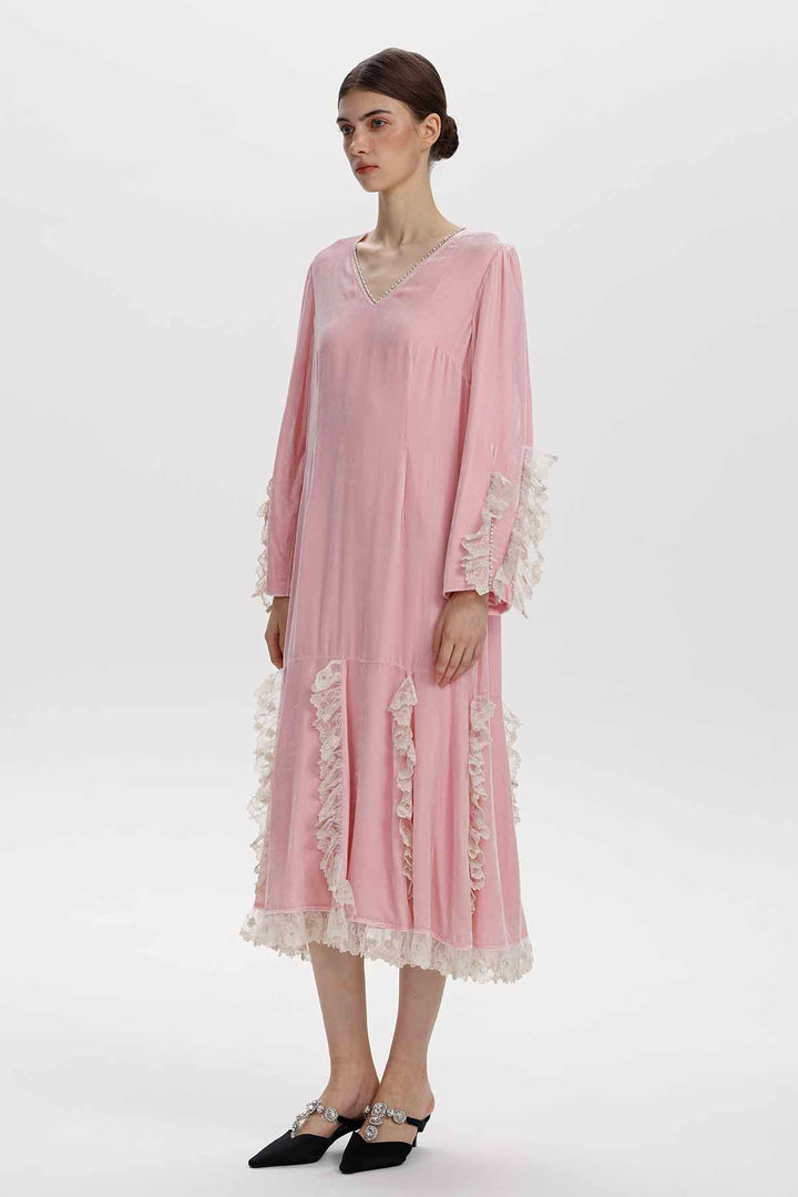 Florine Lace-Trimmed Velvet Dress