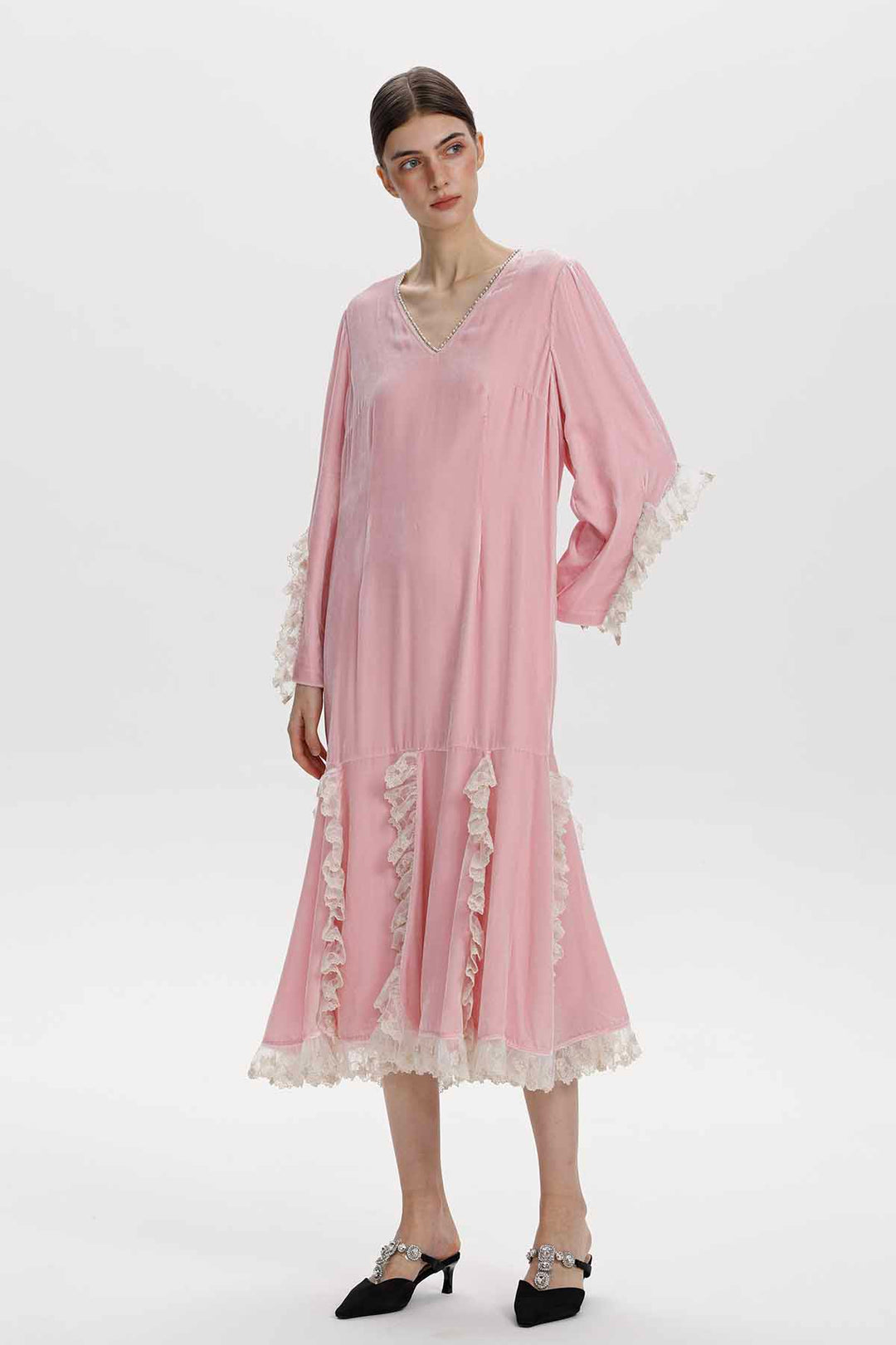 Florine Lace-Trimmed Velvet Dress