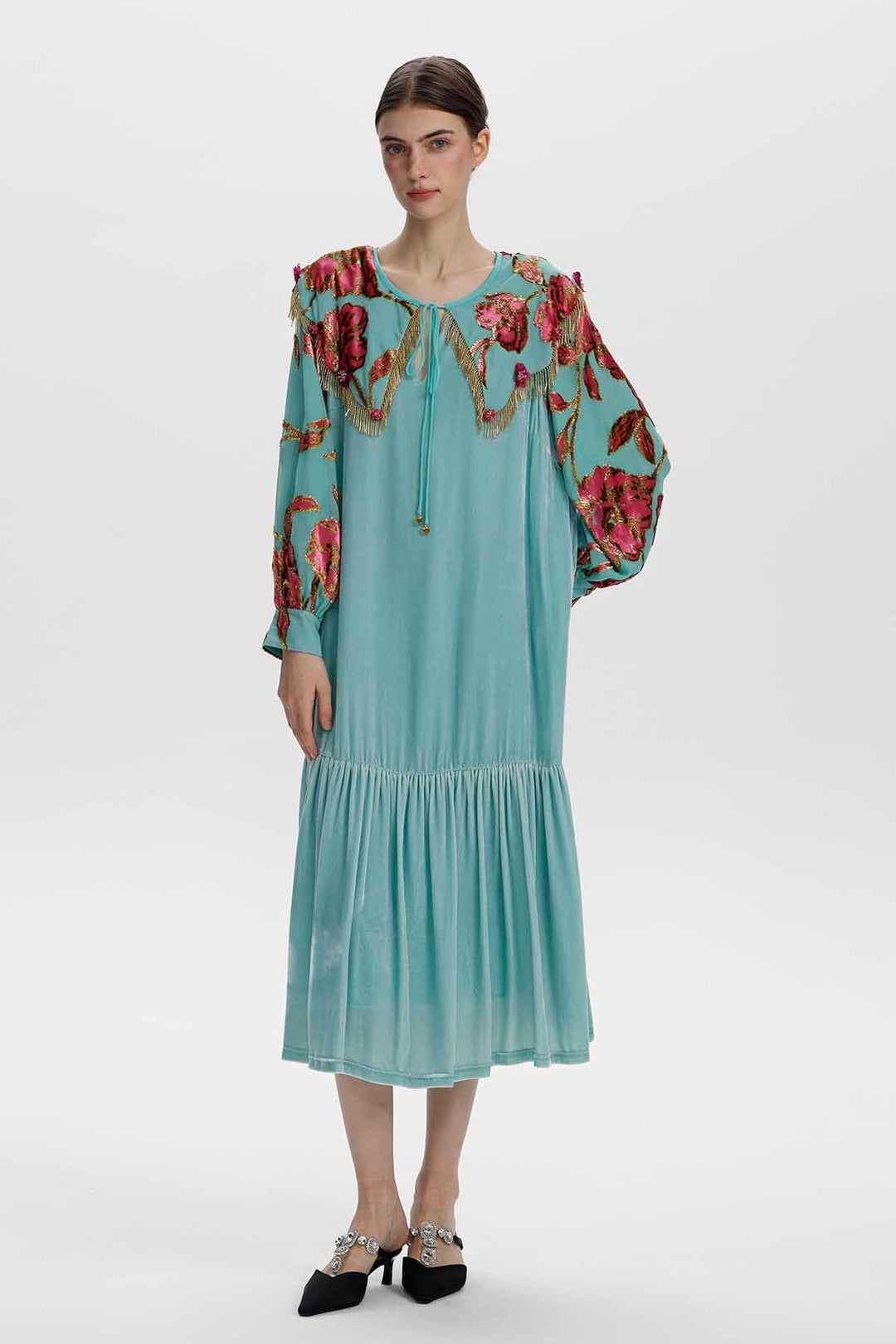 Claudine Floral Embellished Velvet Dress
