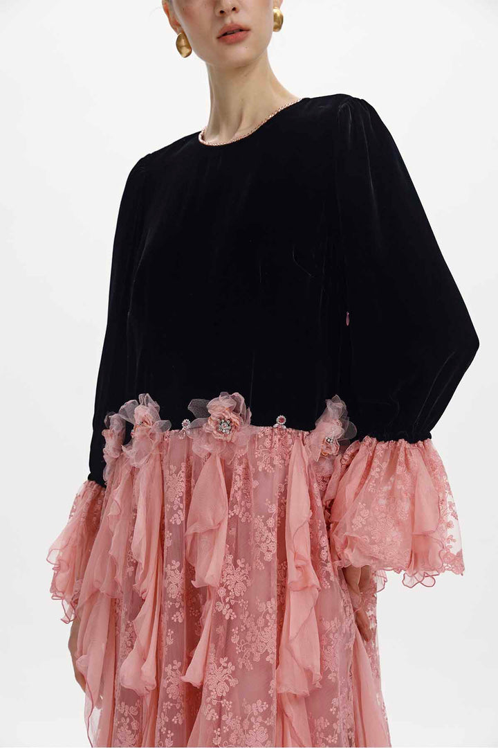 Capucine Ruffled Lace Velvet Dress