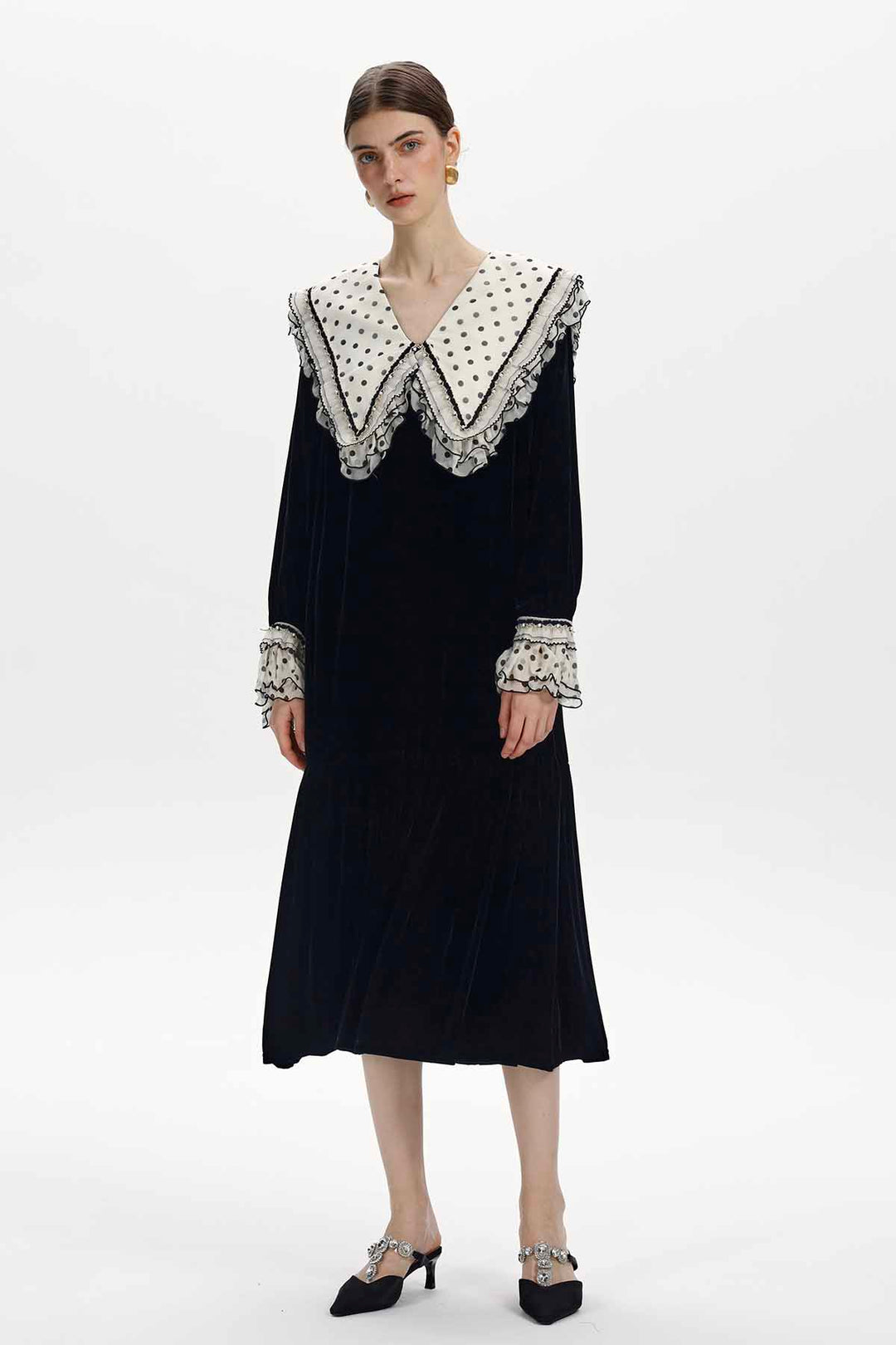 Victoire Ruffled Polka Dot Velvet Dress